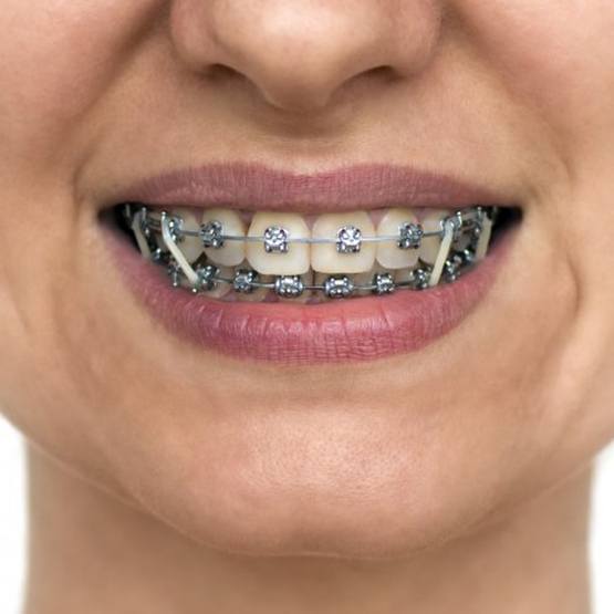Up-close view of metal braces and rubber bands