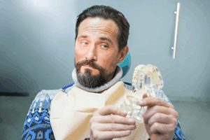 Man eyeing a plastic denture model with a raised eyebrow